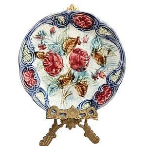 Antique Majolica Plate, Mouzin Lecat Wasmuel Roses, Belgian Pottery, French Blue